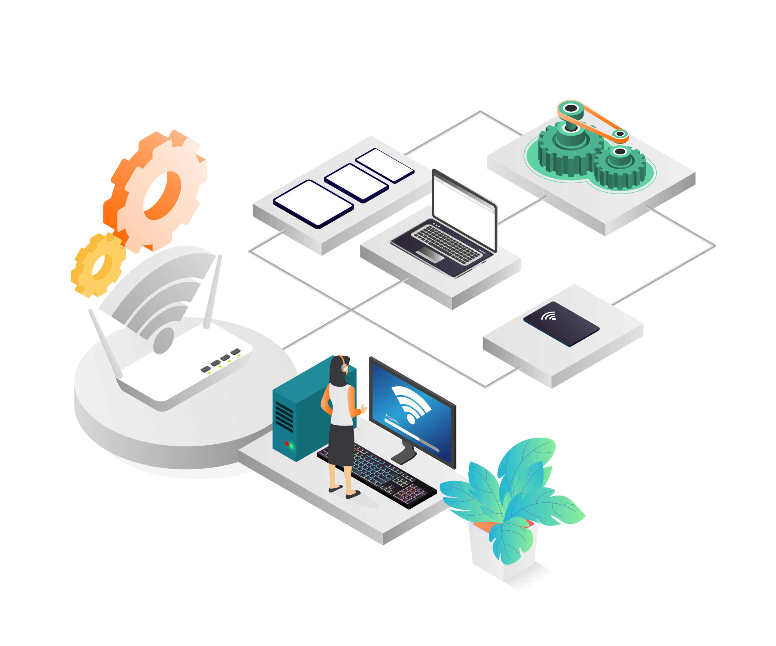 "IoT network connectivity concept with a wireless router, computer, laptop, and industrial automation system.